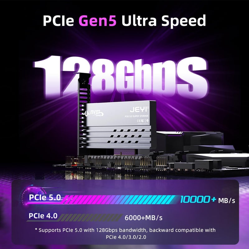JEYI PCIe 5.0 4X to M.2 NVMe Adapter Card - Aluminum Heatsink for Gen5 SSDs, 128Gbps PCIe 5.0 x4/x8/x16 Slot, High-Speed SSD Expansion Card for Gaming/Workstation PCs - Image 2